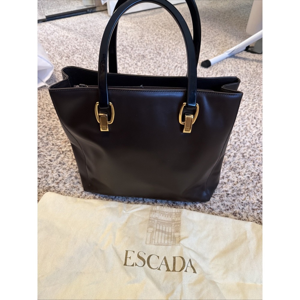 Escada Brown  Leather Tote Handbag Purse Medium Size 2 Plastic‎ Handle Italy
